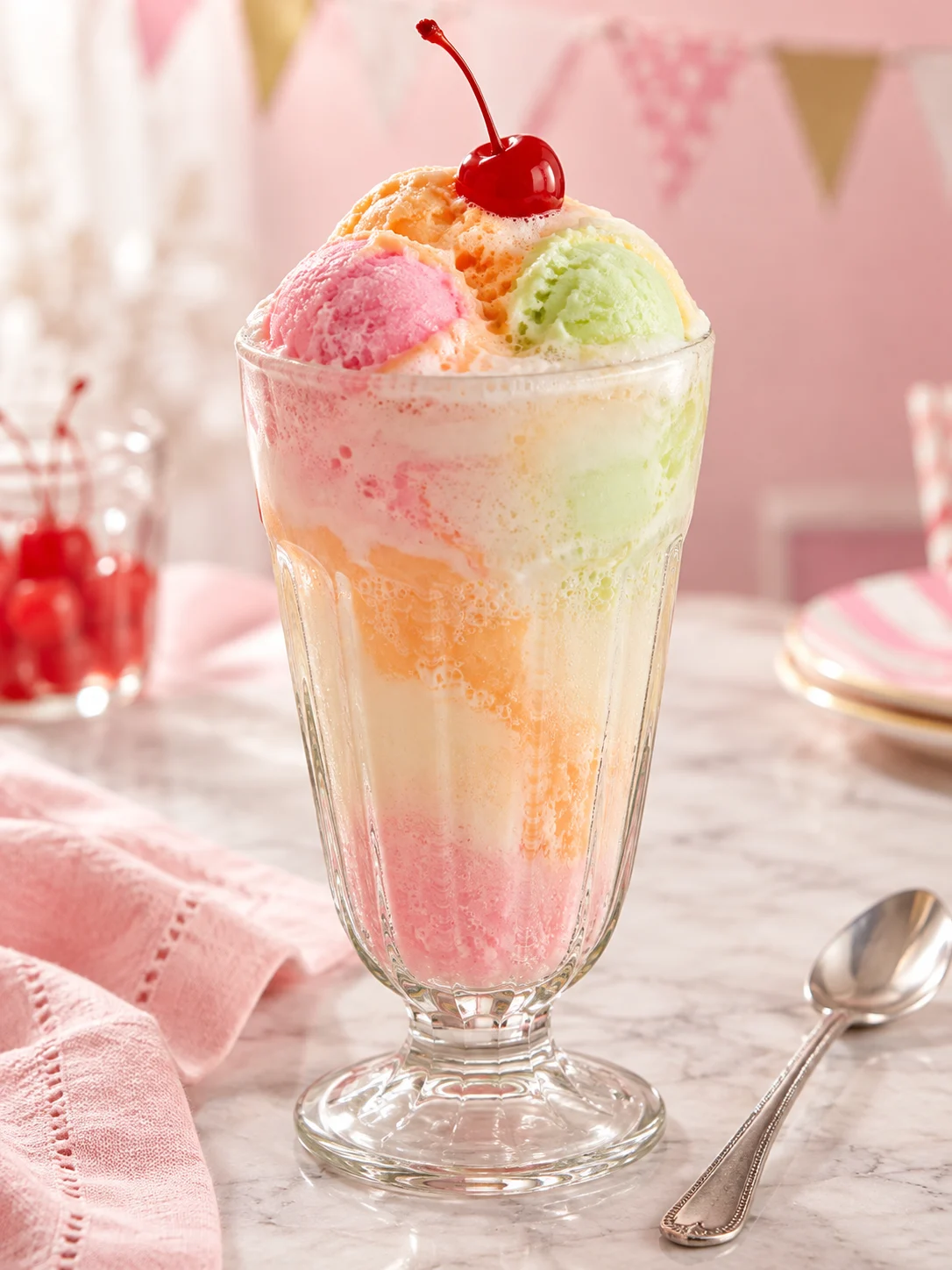 Rainbow Sherbet Float, served in a glass